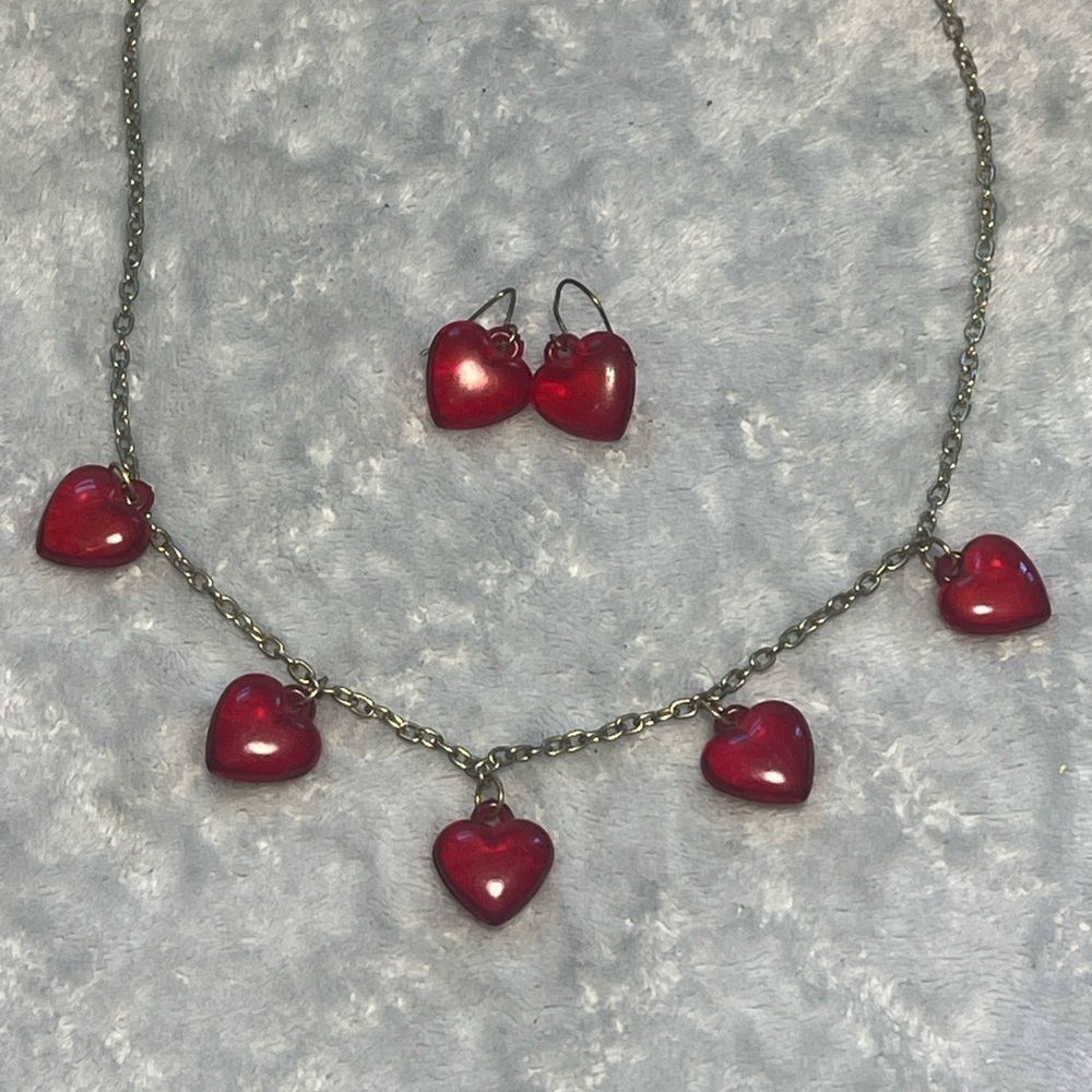 Charming Charlie Red Necklace with Dainty Heart Charms and Matching Earrings